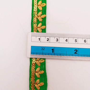 Green Art Silk Trim with Gold Floral Embroidery and Gold Sequins Indian Sari Border Trim By 3 Yards Decorative Trim Craft Lace
